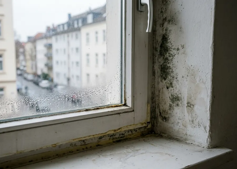 Dunkler Schimmelbefall in der Ecke einer Außenwand hinter einem Möbelstück, der den Mörtelfugen des Mauerwerks folgt