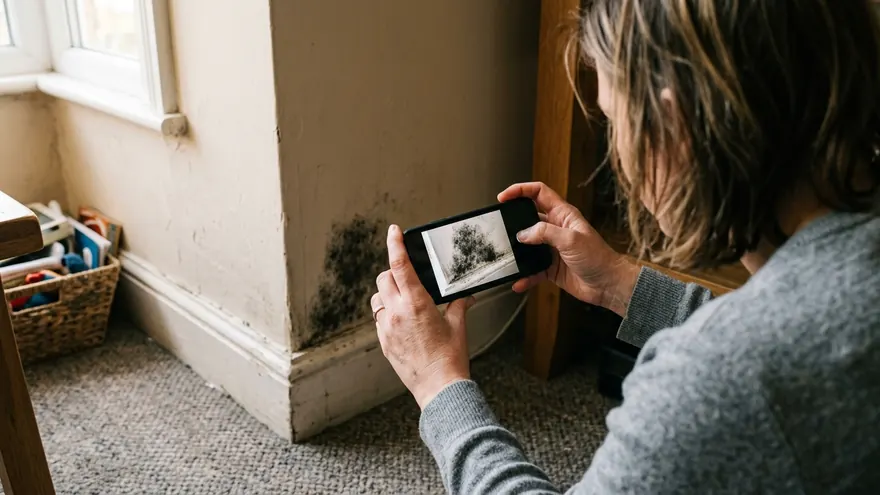 Eigentümerin fotografiert mit dem Handy einen dunklen Fleck an der Wohnzimmerwand